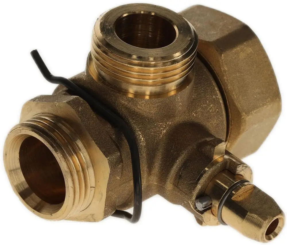 BOSCH Kugelhahn aus Messing mit mehreren Anschlussgewinden und einem kleinen Anschluss für zusätzliche Funktionen. Ideal für Anwendungen im Rohrleitungssystem.